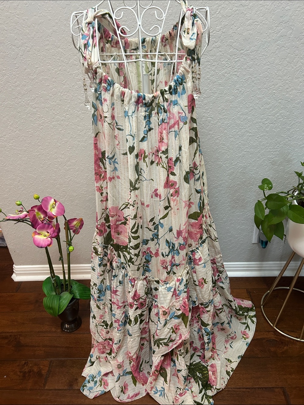 Floral Tie-Shoulder Maxi Dress in Cream and Pink by Aratta size S